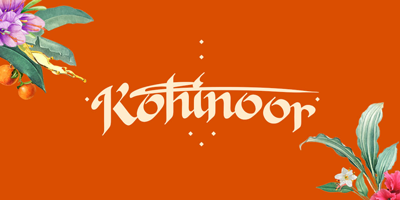 small kohinoor skin logo with a deep orange background and the name kohinoor written in a cream colour. Surrounded by natural illustrations of leaves and flowers and fruit and oil to show this is a natural skincare brand